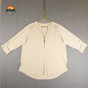 Michael Kors Beige Top Roll Tab Sleeve Zip Front Blouse Womens XL